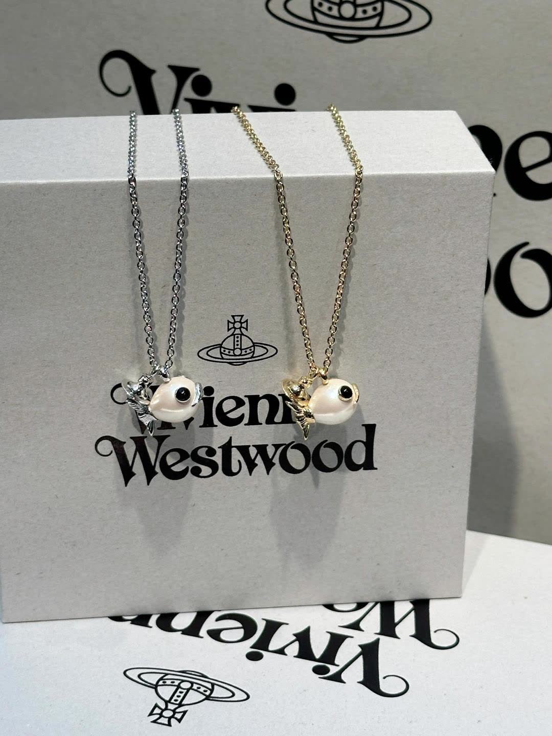 Vivienne Westwood Gold Pearl Fish Necklace and Earring Set